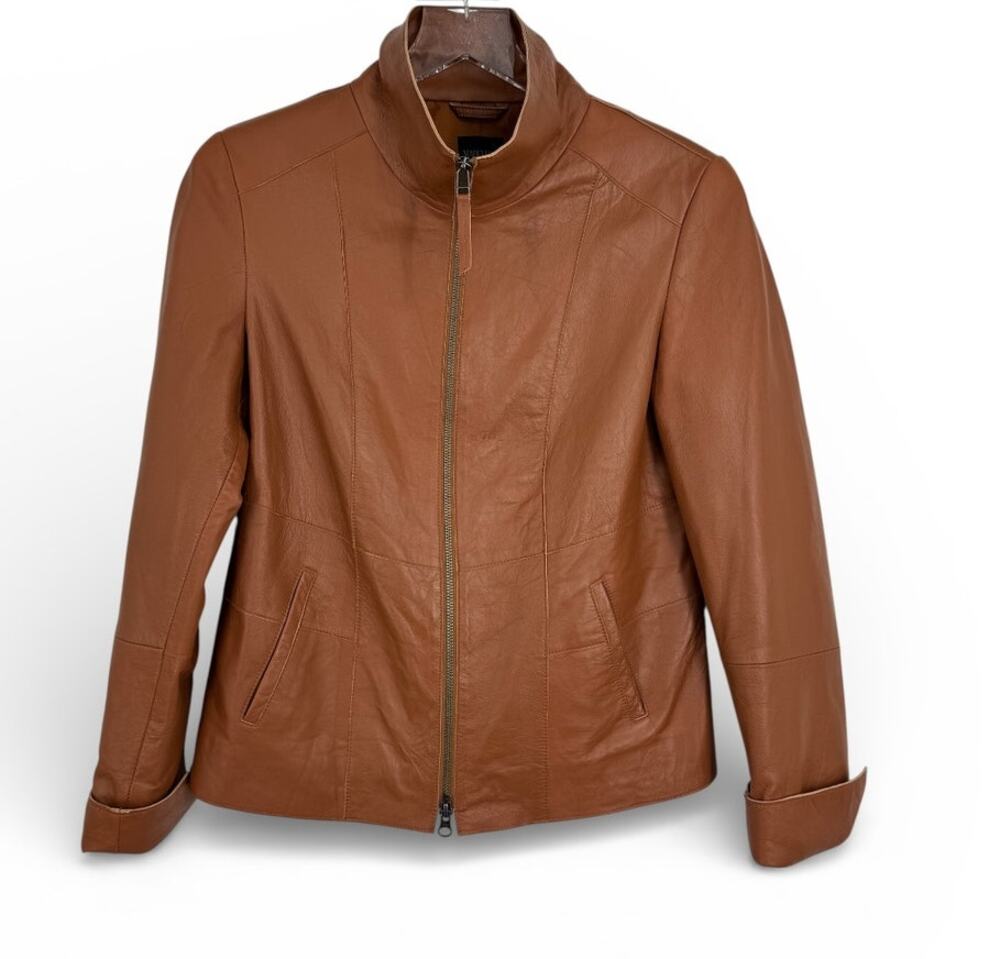 Madeleine jacket women's 8 100% lamb Nappa soft leather zip front cognac brown